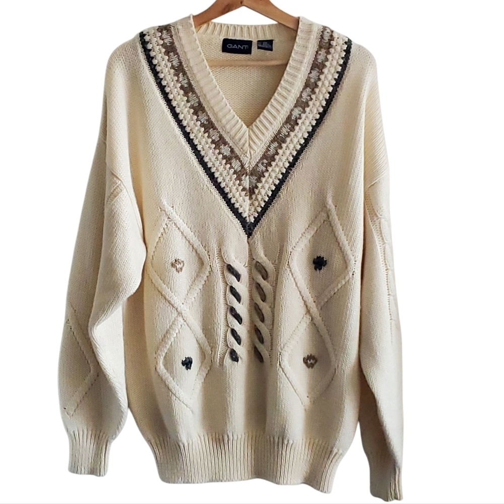 Vintage Gant Cream Knit V-Neck Sweater Size L